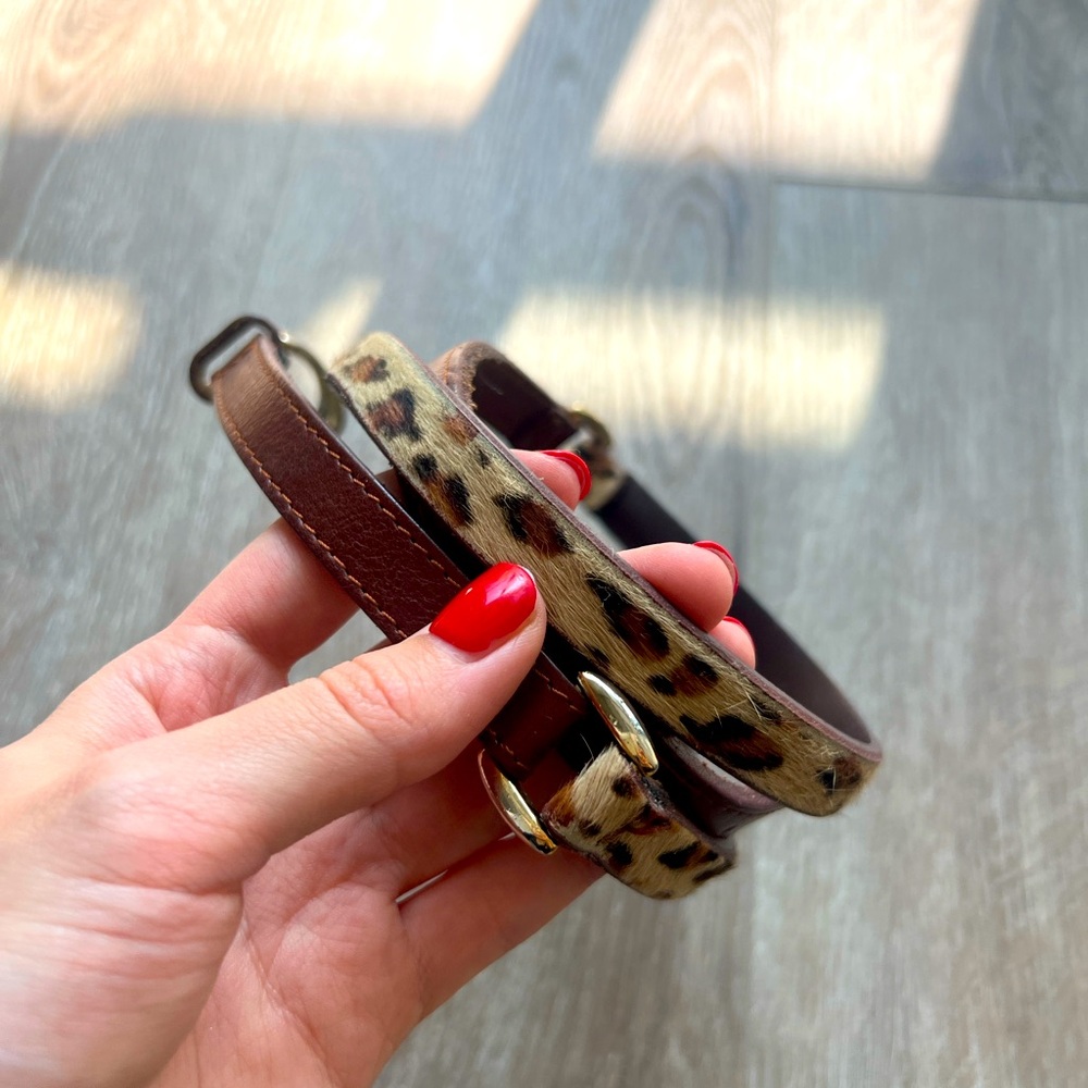 Massimo Dutti Brown Leather and Leopard Print Belt with Gold Hardware